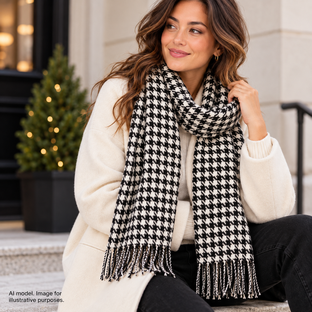 Cashmere Scarf Womens One Size Black White Houndstooth Fringe Raw Hem Scotland